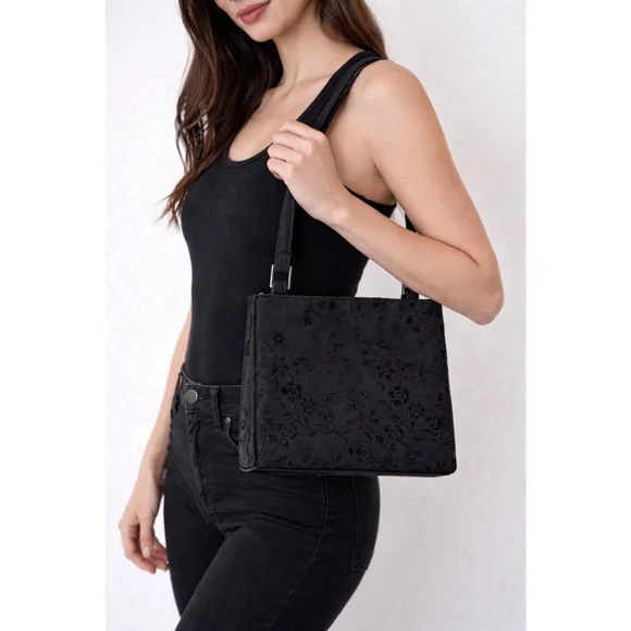 Black Flocked Velvet Floral Shoulder Bag Vintage Y2K Goth Coquette EUC Handbag - Picture 1 of 6